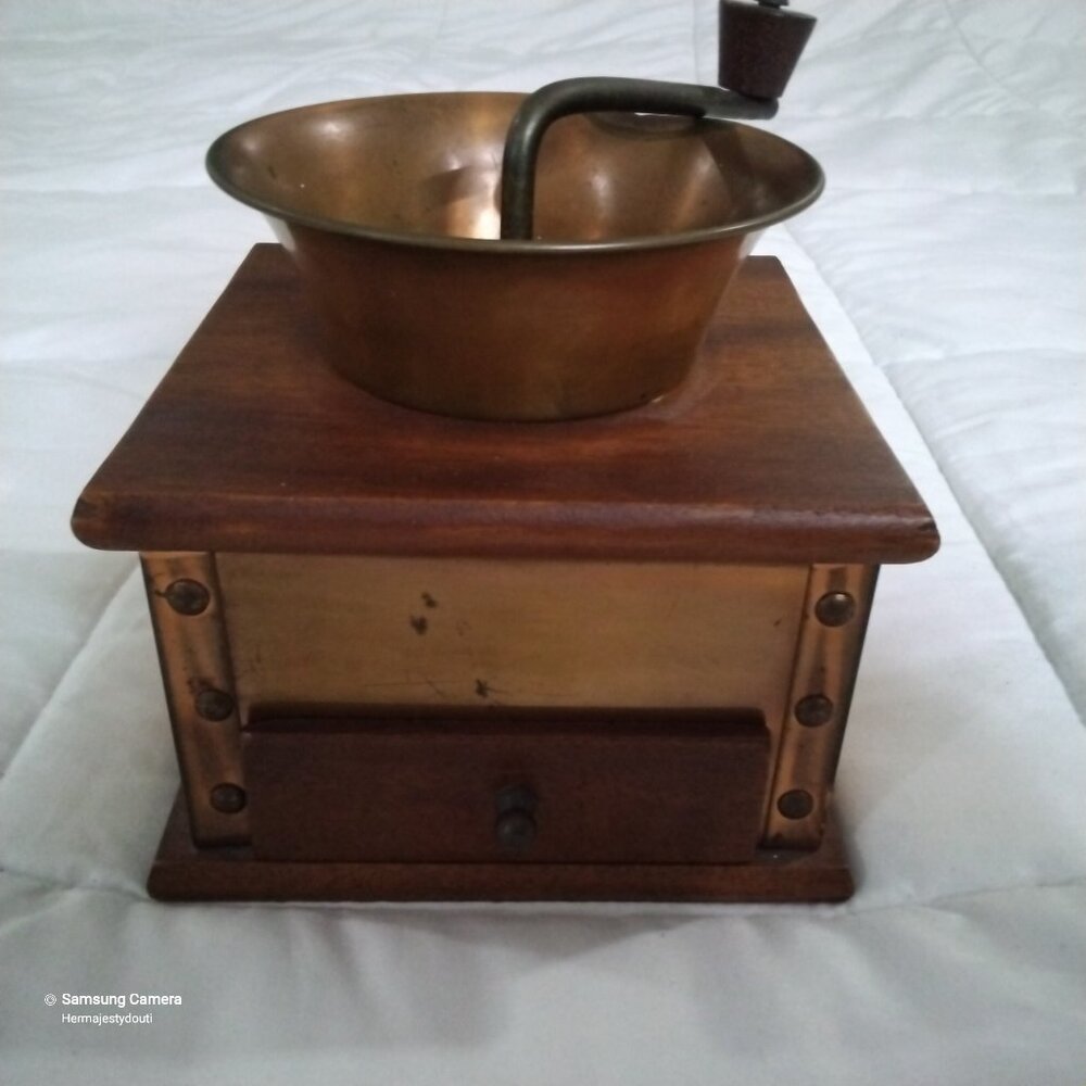 Antique Manual Coffee Grinder Mill 8" x 7" Copper, Brass & Wooden w/Drawer GUC